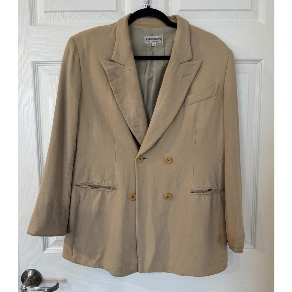 Vintage Giorgio Armani Le Collezioni Beige Wool Double Breasted Blazer Size 14